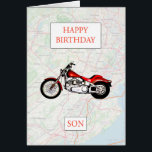 Son Karta och motorcykel Birthday Hälsningskort<br><div class="desc">Grattis på födelsedagen till motorcykelentusiaster. En röd cykel med karta i bakgrunden. Ett underbart kort för en son som kärlek cyklar och rider. - Base karta och data från OpenStreetMap och OpenStreetMap Foundation © OpenStreetMap</div>