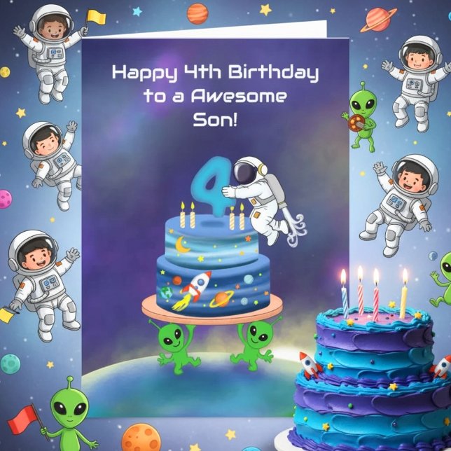 Son Lycka till på 4-årsdagen Astronaut med tårta Kort (Skapare uppladdad)