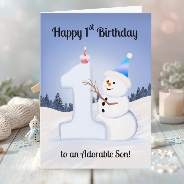 Son lycklig 1-årsdag Snömannen bygger Kort (Skapare uppladdad)