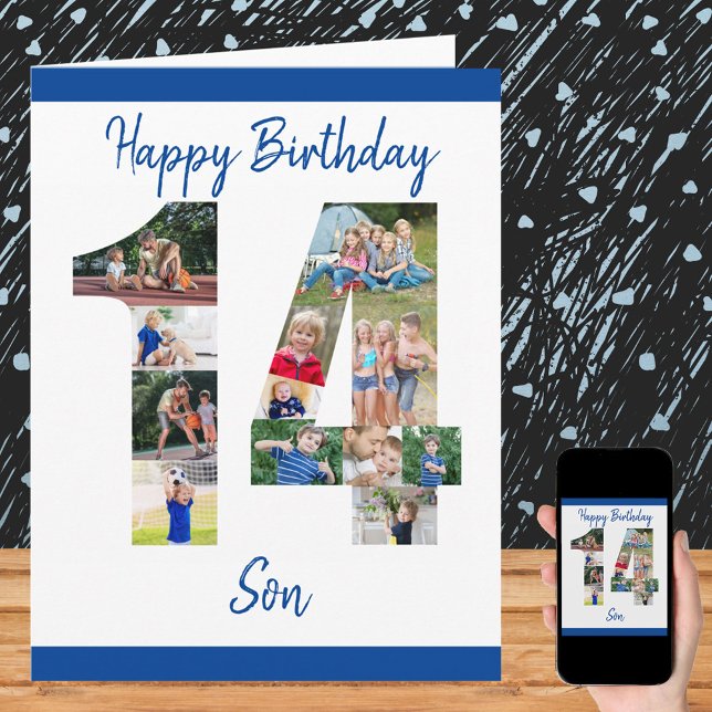 Son nummer 14 Photo Collage Big 14th Birthday Card Kort (Skapare uppladdad)