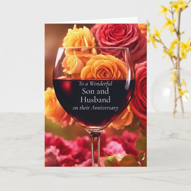 Son och Make Lycklig-årsdagen med Röda Vin Kort (Gul blomma)