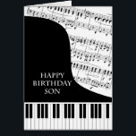 Son Piano och Music Birthday Hälsningskort<br><div class="desc">Ett födelsedagskort för en son som går in i pianomusik. Ett stort piano med nycklar längs grund på kortet. En lakan av musiken fyller bakgrunden. Ett underbart kort för någon som kärlekar musik. Detta är INTE ett musikkort,  det spelar INTE musik:</div>