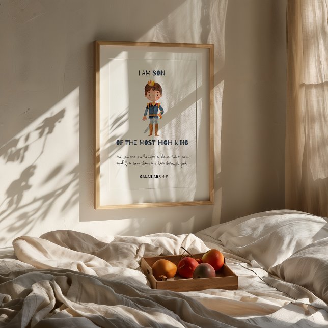 Son till Kung Christian Baby Print Poster (Framed "Son of the Most High King" Christian nursery print on wall above bed with fruit tray.)