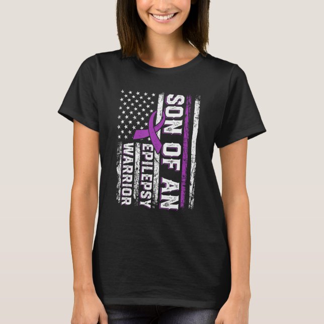 Son till Warrior Epilepsy Lila Ribbon Support Us T Shirt (Framsida)