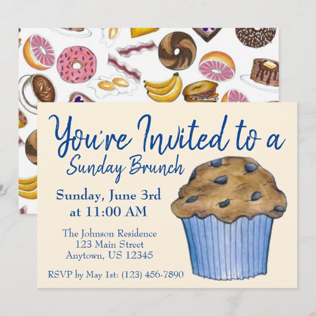 Söndag Breakfast Brunch Blueberry Muffin Inbjudningar (Fram/baksida)