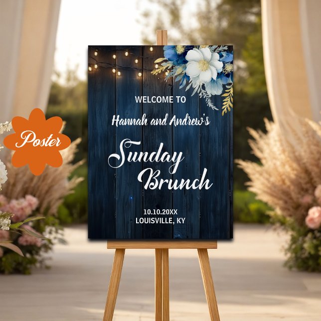 Söndag Brunch Blue Wood String Ljus Välkommen Poster (Skapare uppladdad)