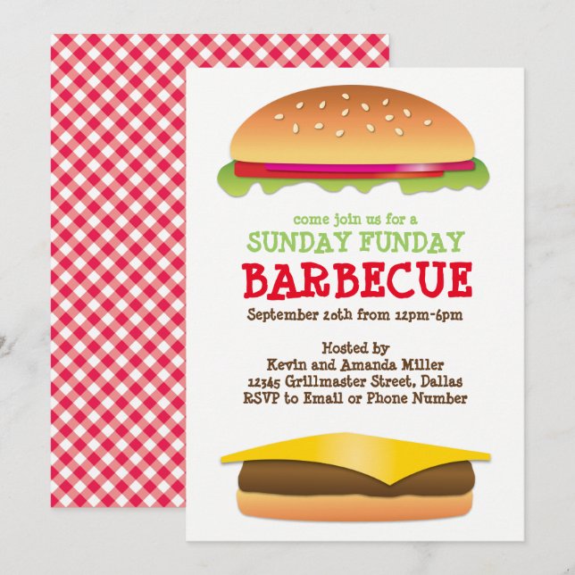 Söndag Funday BBQ Cheeseburger Inbjudningar (Fram/baksida)