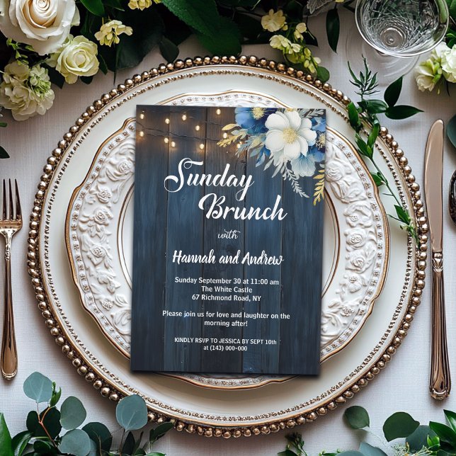 Söndagsbrunch Blå Träd Strängljus Bröllop  Inbjudningar (Skapare uppladdad)