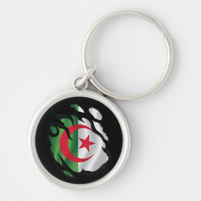 Sönderriven algerisk flagga rund silverfärgad nyckelring (Framsidan)