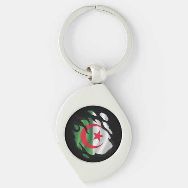 Sönderriven algerisk flagga swirl silverfärgad nyckelring (Framsidan)