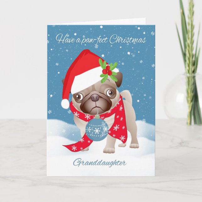 Sondotter, mopshund med den gulliga Santa hatten Helgkort (Framsida)