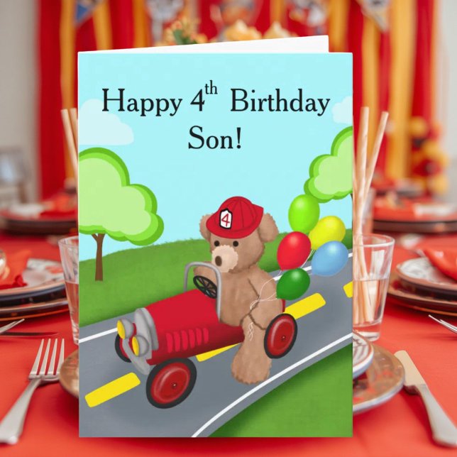 Sonen Glad 4-årsdag Teddybjörn Brandbil Kort (Skapare uppladdad)