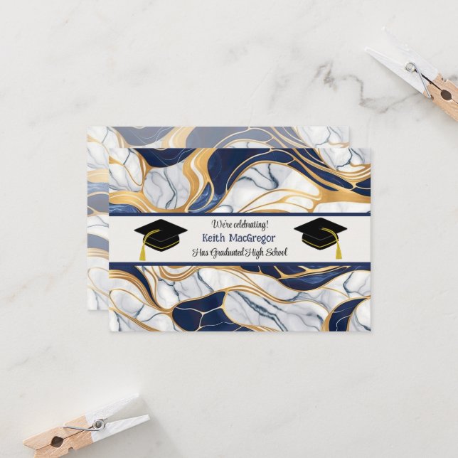 Sonens examensfirande i blå marmor inbjudningar (Fram/Back In Situ)