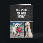 Sonens födelsedag med gyllene restauranger kort<br><div class="desc">Svart läder med text och söt guldfärgad hundar under en födelsedag. All text kan redigeras.</div>