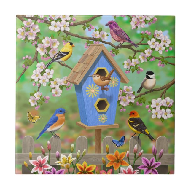 Songbird Lily Garden Birdhouse Kakelplatta (Framsidan)