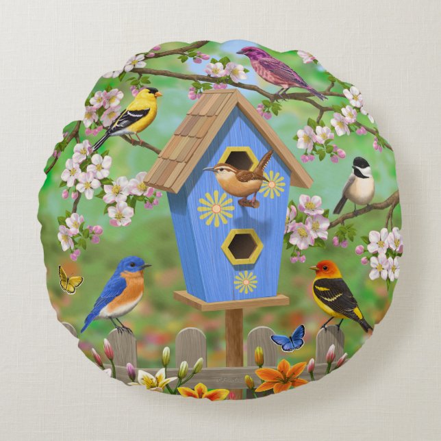 Songbird Lily Garden Birdhouse Rund Kudde (Framsidan)