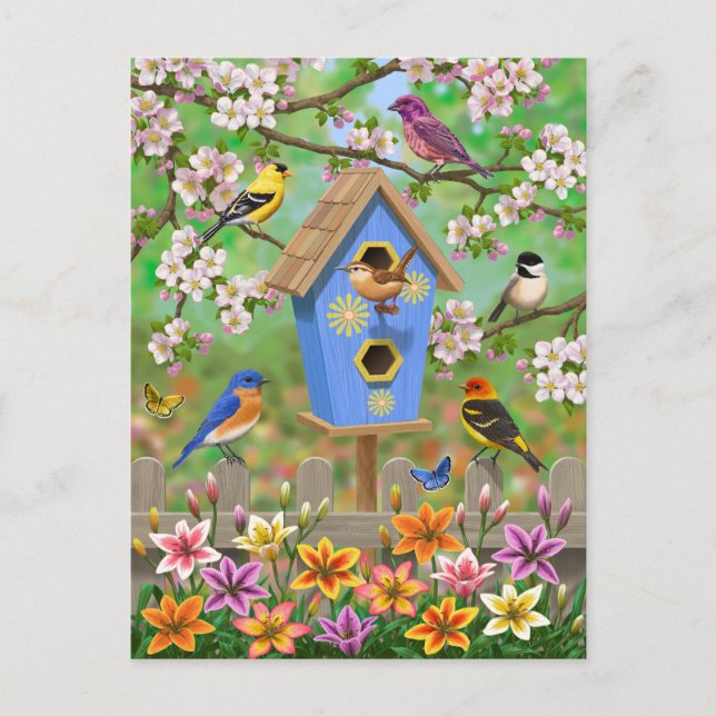 Songbird Lily Garden Birdhouse Vykort (Framsida)