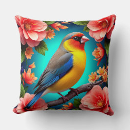 Songbird Perched Amid Bright Flowers Kudde