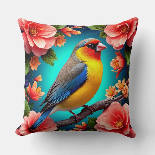 Songbird Perched Amid Bright Flowers Kudde (Framsida)