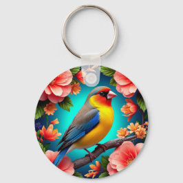 Songbird Perched Amid Bright Flowers Nyckelring