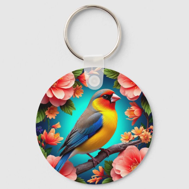 Songbird Perched Amid Bright Flowers Nyckelring (Framsida)