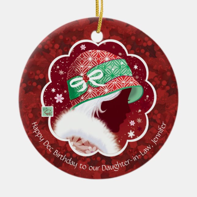 Sonhustru December födelsedag, röd hattflicka Julgransprydnad Keramik (Framsidan)