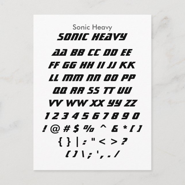 Sonic Heavy - Zazzle Font Sampler Lakan Vykort (Framsida)