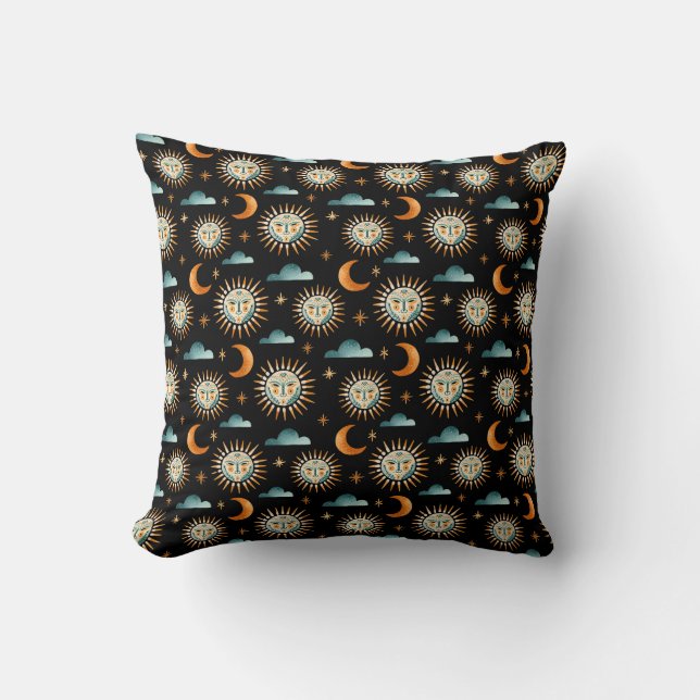 Sonne- Mond- Wolkenmuster- Maya- Stil- schwarzes Kudde (Framsida)