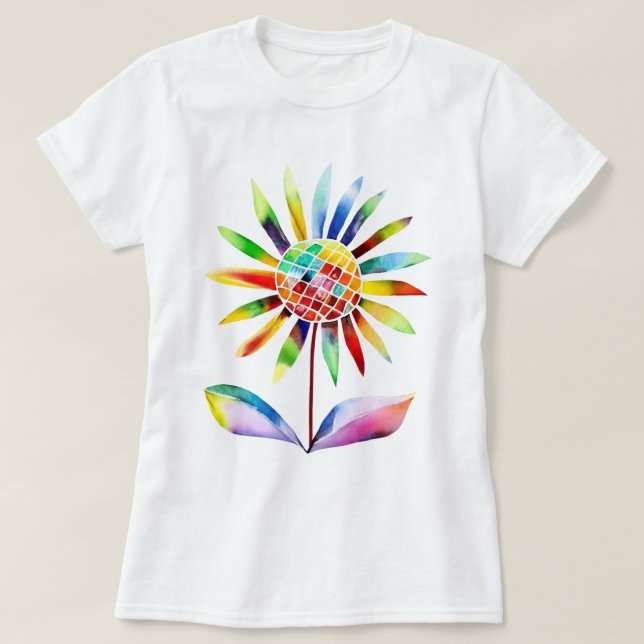 Sonnenblume mit Blätter in Regenbogenfarben T Shirt (Design framsida)