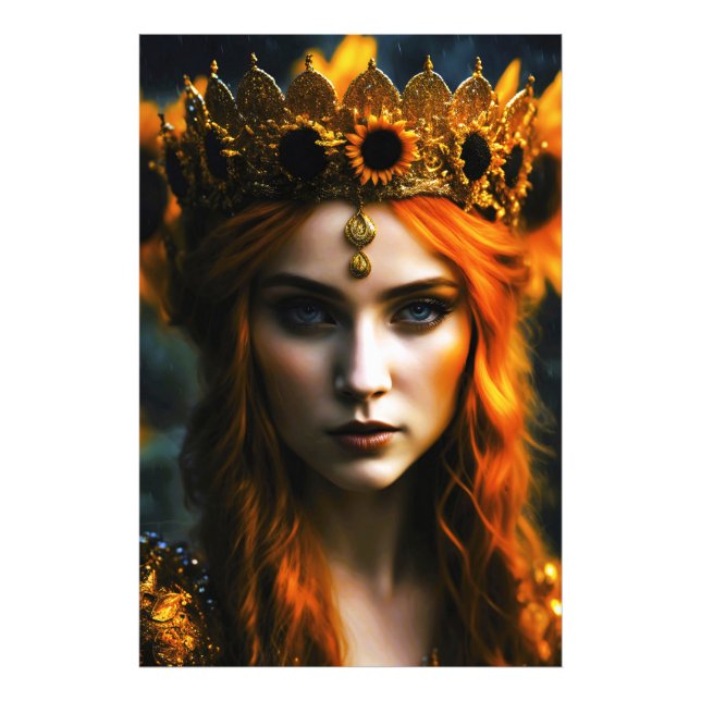 Sonnenblumenbekrönte Königin mit rotbraunem Haar  Fototryck (Framsidan)