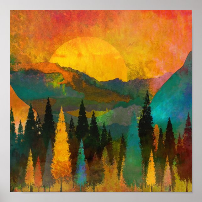 Sonnenuntergang in den Bergen - Buntes Aquarell Poster (Framsidan)