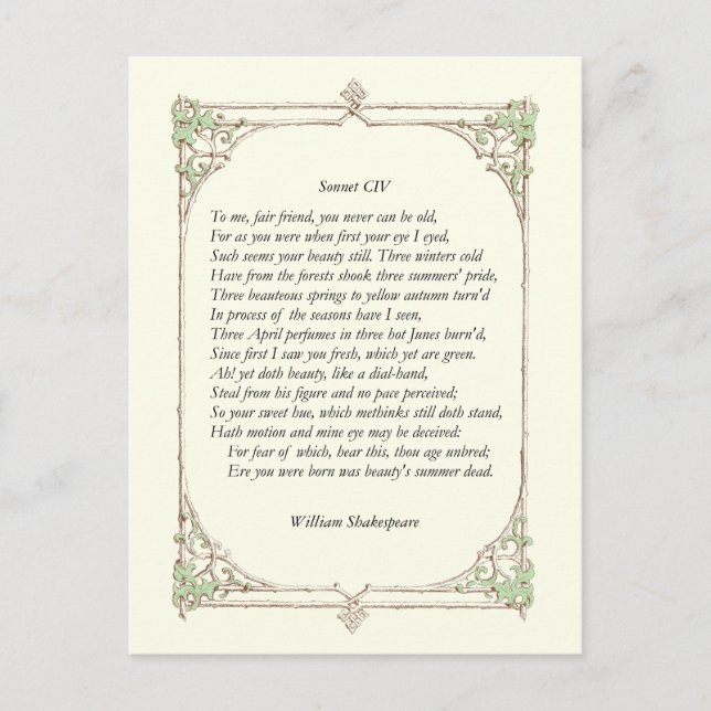 Sonnet # 104 by William Shakespeare Vykort (Framsida)