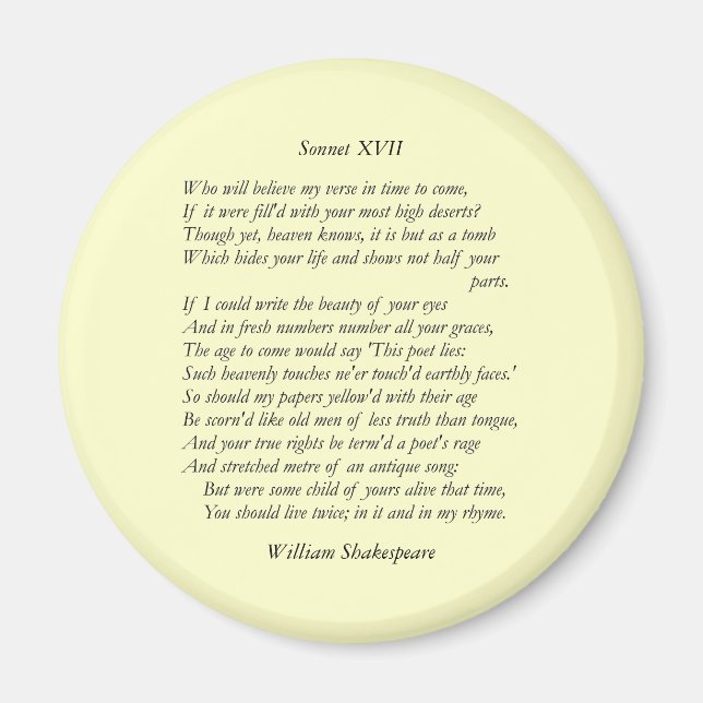 Sonnet nr 17 av William Shakespeare Magnet (Framsidan)