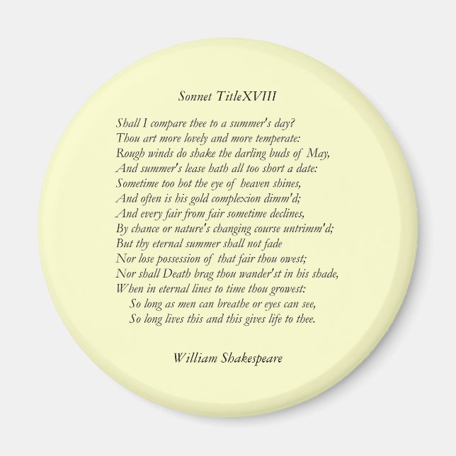 Sonnet nr 18 av William Shakespeare Magnet (Framsidan)