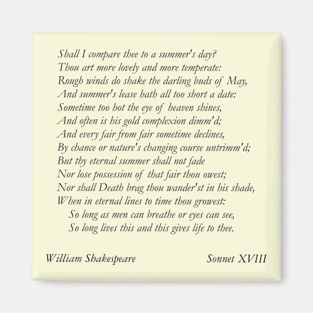 Sonnet nr 18 av William Shakespeare Magnet (Framsidan)
