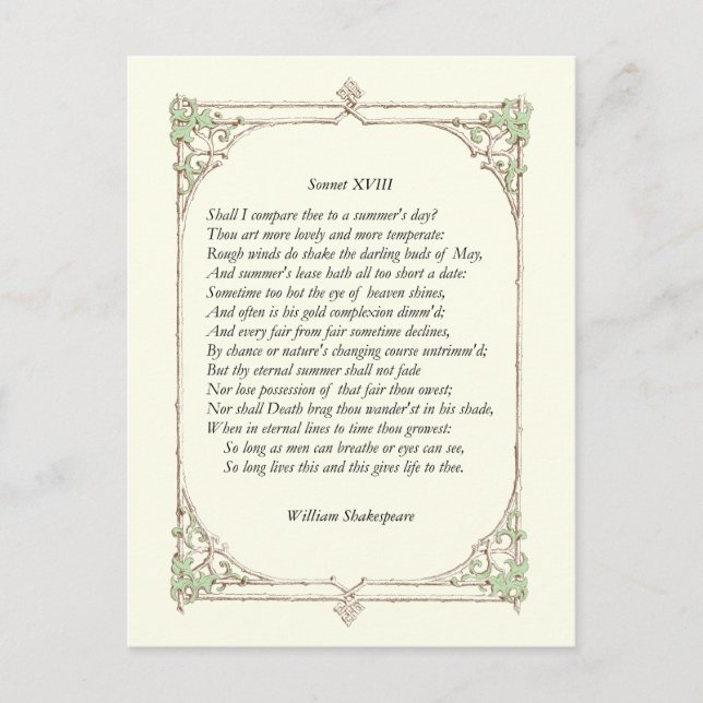 Sonnet nr 18 av William Shakespeare Vykort (Framsida)