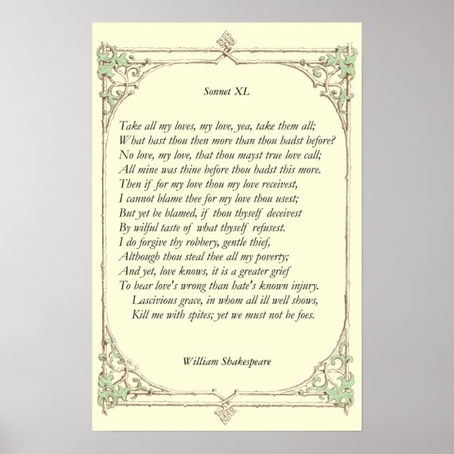 Sonnet nr 40 av William Shakespeare Poster (Framsidan)