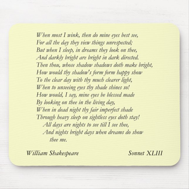 Sonnet nr 43 av William Shakespeare Musmatta (Framsidan)