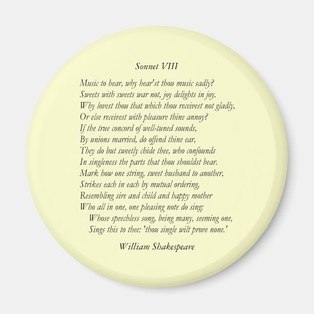 Sonnet nr 8 av William Shakespeare Magnet (Framsidan)