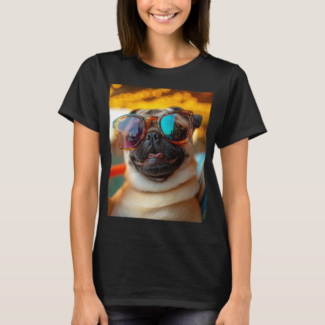 Sonniger Mops am Strand T Shirt (Framsida)