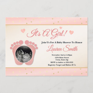 Sonogram Baby Shower-inbjuden flicka, Rosa Toes Inbjudningar