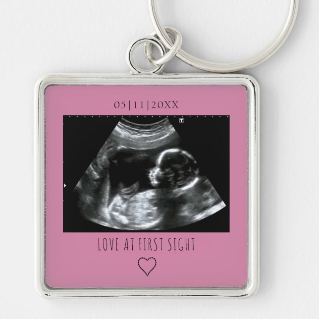 Sonogram Bild Photo Gift Baby Ultrasound Rosa Fyrkantig Silverfärgad Nyckelring (Framsidan)