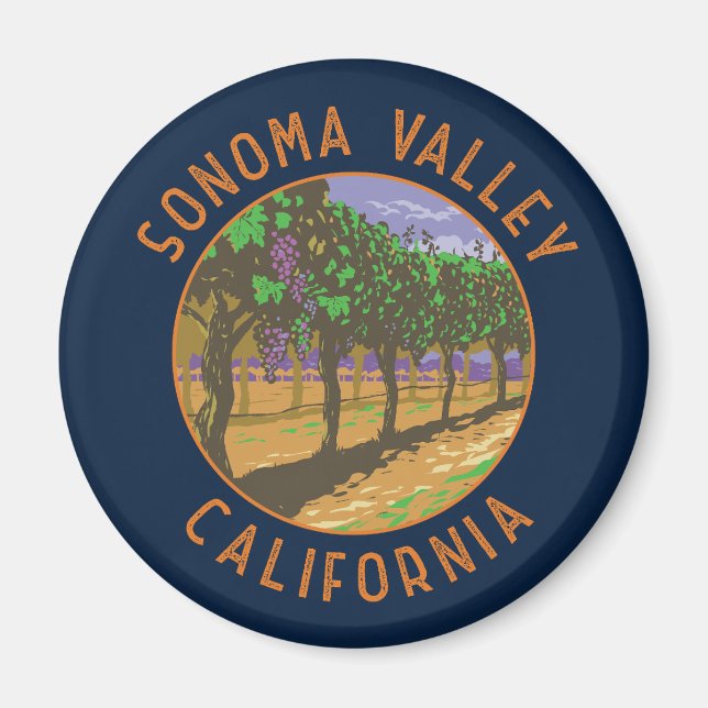 Sonoma Valley California Retro Distress Circle Magnet (Framsidan)