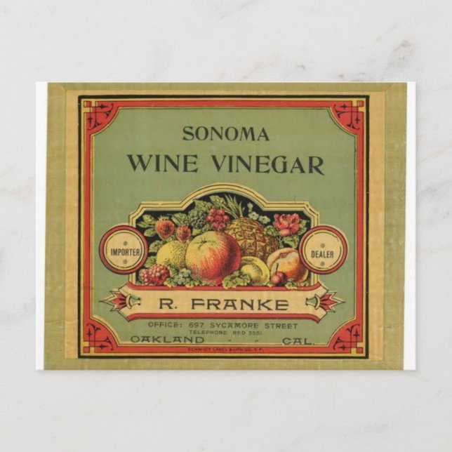 Sonoma Vinegar, Vintage Reklametikett Vykort (Framsida)