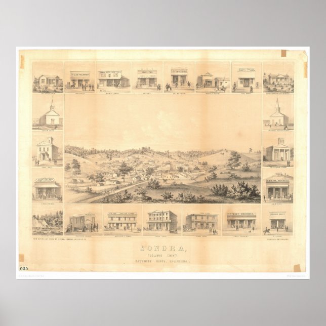 Sonora, CA. Panoramic Karta 1854 (1647A) - Oåterst Poster (Framsidan)