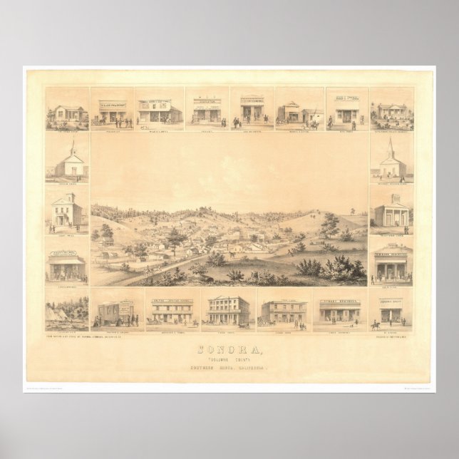 Sonora, CA. Panoramisk Karta 1854 (1647A) - återst Poster (Framsidan)
