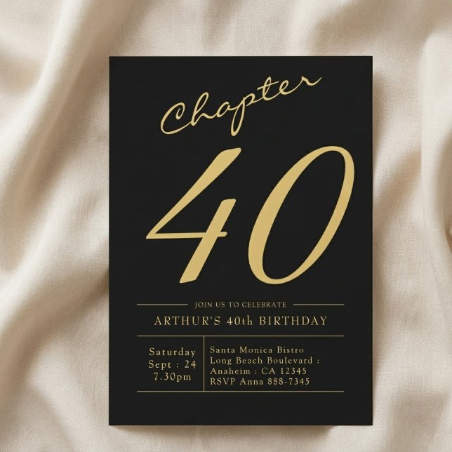 Sons 40-årsdag 40 år gammal svart guld fest inbjudningar (40th birthday invite on a light cloth background.)