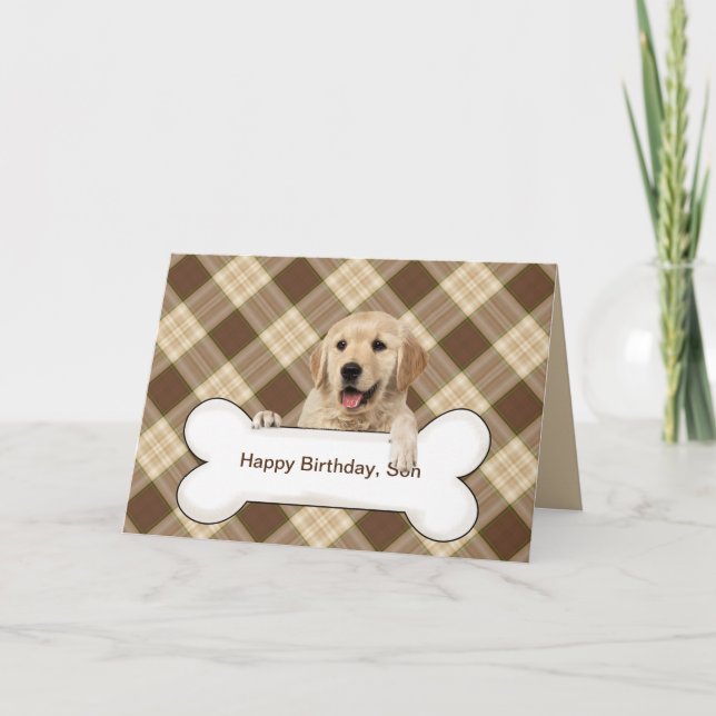 Son's birthday golden retriever on plaid kort (Framsida)