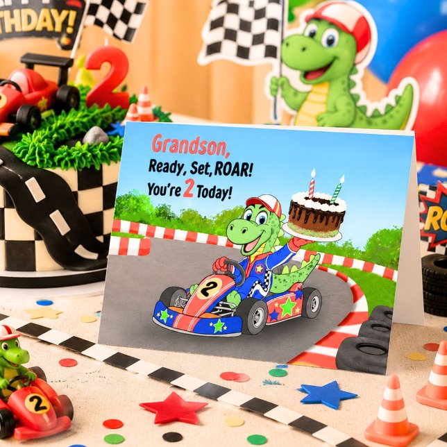 Sonson 2-års födelsedag Dinosaurie Racingbil Klar  Kort (Skapare uppladdad)