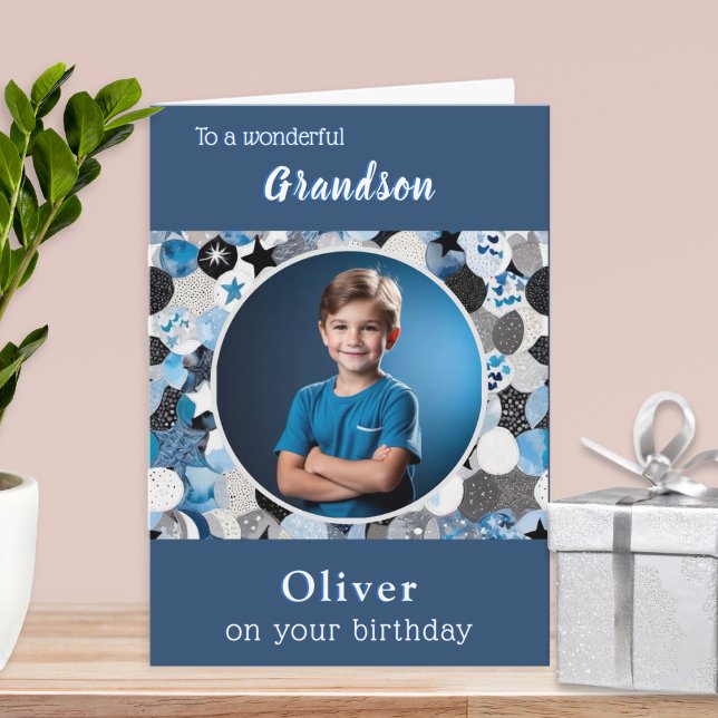 Sonsons födelsedag Blå Trendig Modern Foto Kort (A birthday card for your grandson, to personalize with a photo and name)